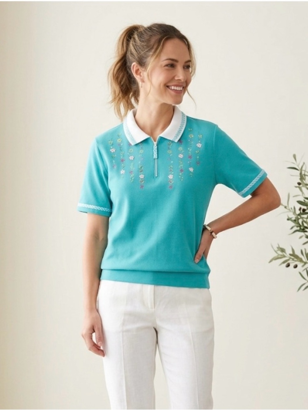 KORET FRANCISCA Floral Embroidery Polo, Women’s Large Petite, Aqua